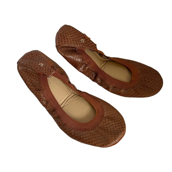 Yosi Samra Ballet Flats Tan Leather Snakeskin Print Women's Size 7 Foldable - Picture 3 of 7